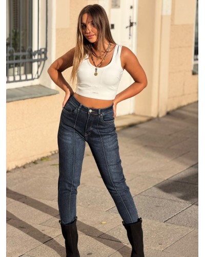 Spodnie jeansowe z przeszyciem MOM FIT ciemny jeans