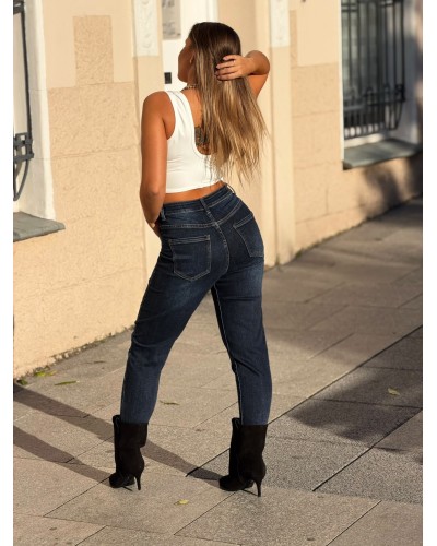Spodnie jeansowe z przeszyciem MOM FIT ciemny jeans