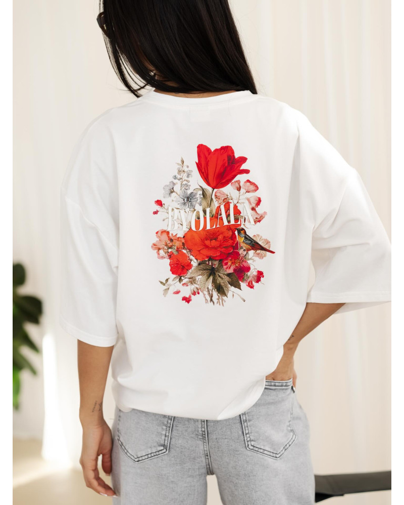 T-shirt z kwiatowym tyłem By o la la...! śmietankowa z red kiss