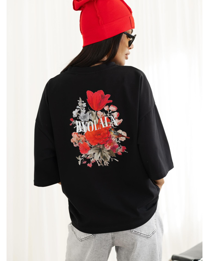 T-shirt z kwiatowym tyłem By o la la...! czarny z red kiss