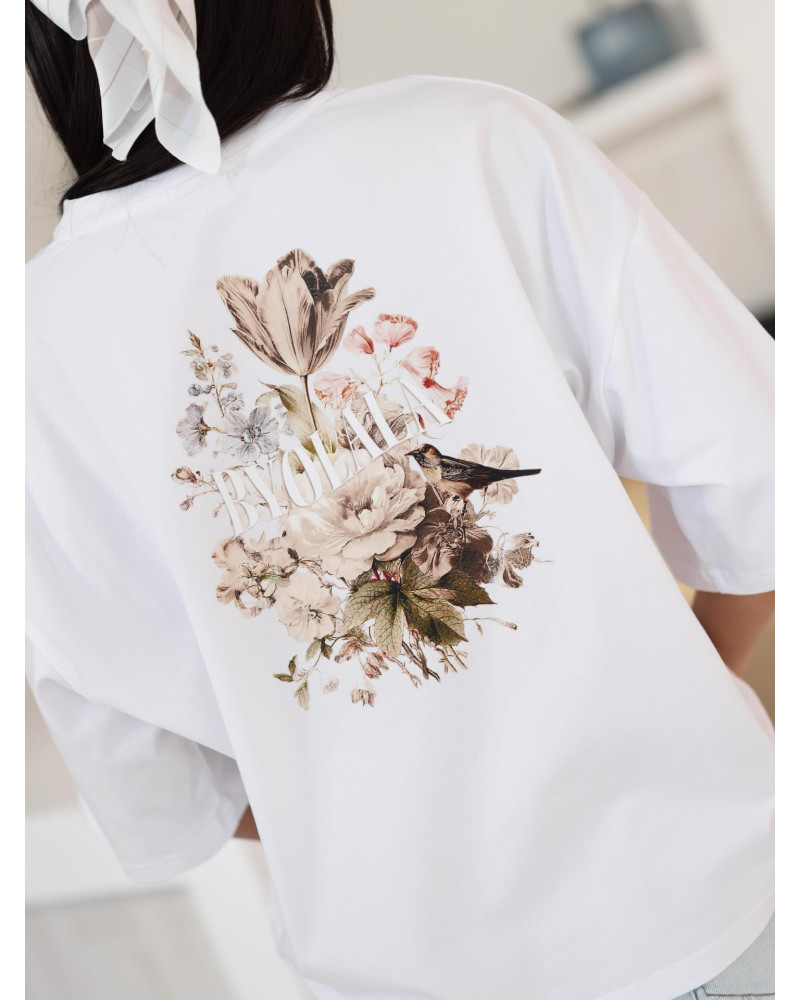 T-shirt z kwiatowym tyłem By o la la...! biały z nude