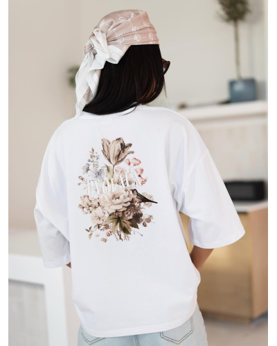 T-shirt z kwiatowym tyłem By o la la...! biały z nude