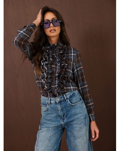 Koszula w kratę z żabotem By o la la...! espresso z błękitem