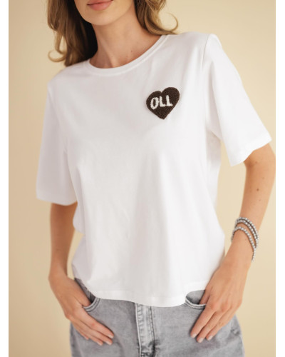 T-shirt z logowanym sercem By o la la...! śmietankowa z kakao