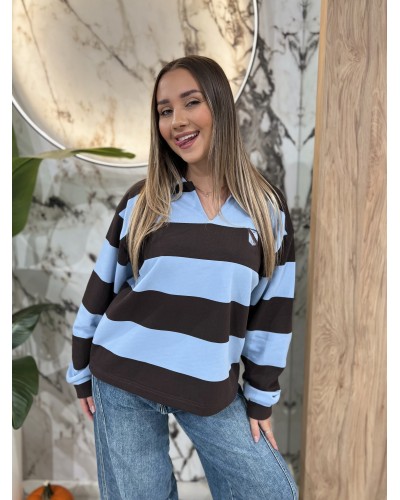 Bluza polo w paski By o la la...! espresso z błękitem