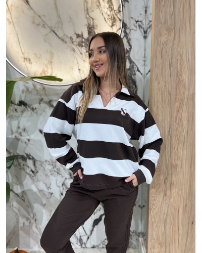 Bluza polo w paski By o la la...! biała z espresso