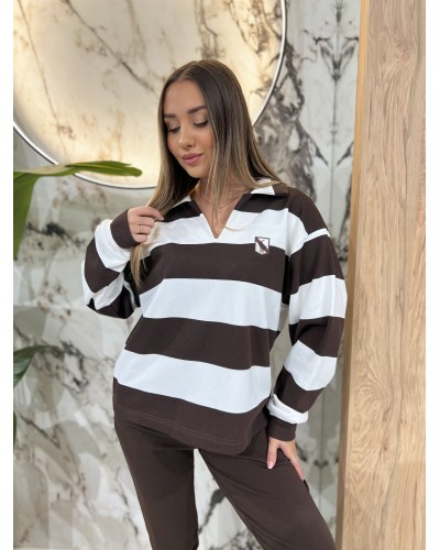 Bluza polo w paski By o la la...! biała z espresso