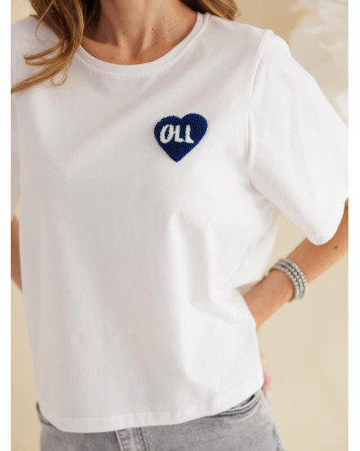 T-shirt z logowanym sercem By o la la...! śmietana z denim