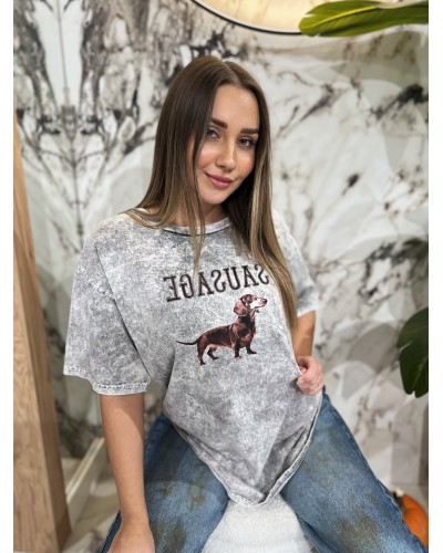 T-shirt długi z jamnikiem By o la la...! szary