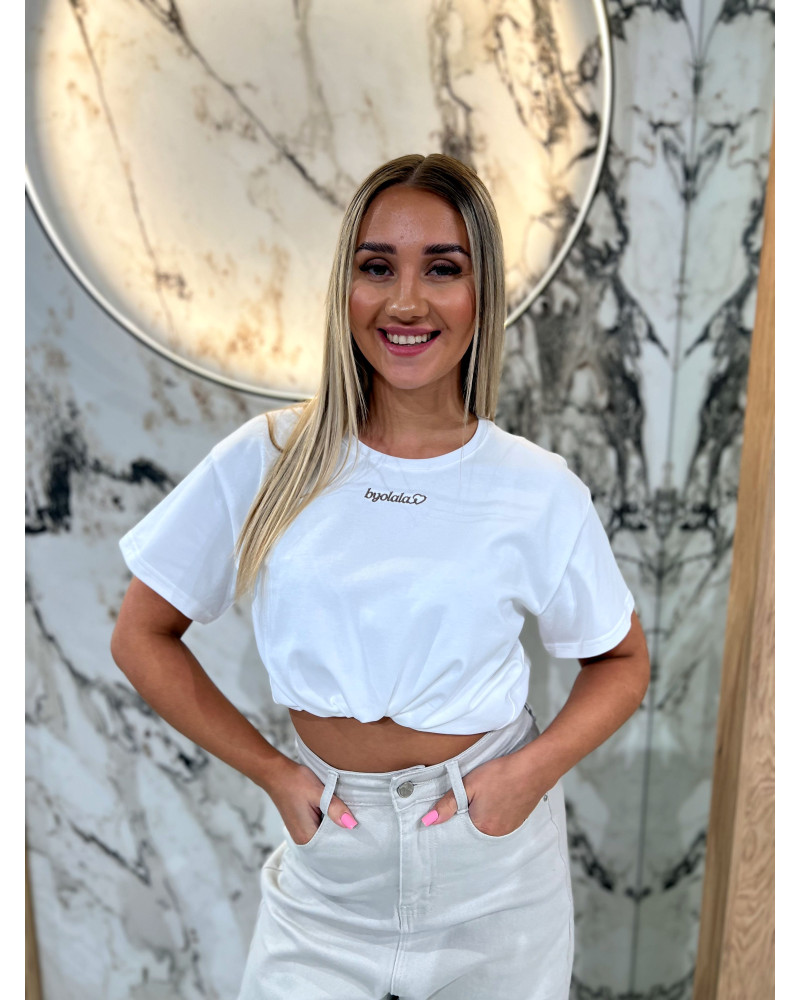 T-shirt z napisem By o la la...! biały z kakao