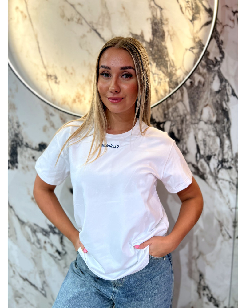 T-shirt z napisem By o la la...! biały z denim