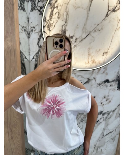 T-shirt kwiat wycięte ramię By o la la...! różowy
