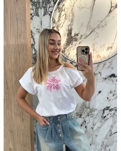 T-shirt kwiat wycięte ramię By o la la...! różowy