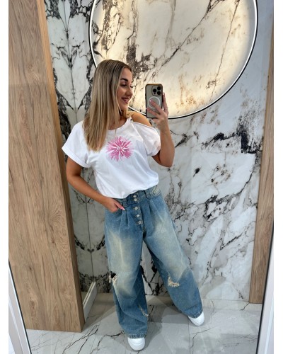 T-shirt kwiat wycięte ramię By o la la...! różowy