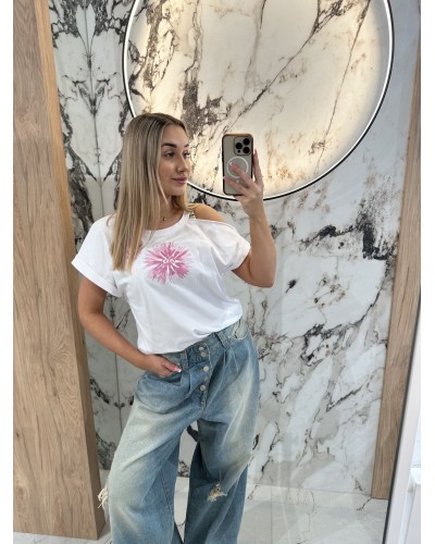 T-shirt kwiat wycięte ramię By o la la...! różowy