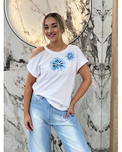 T-shirt kwiat wycięte ramię By o la la...! błękitny