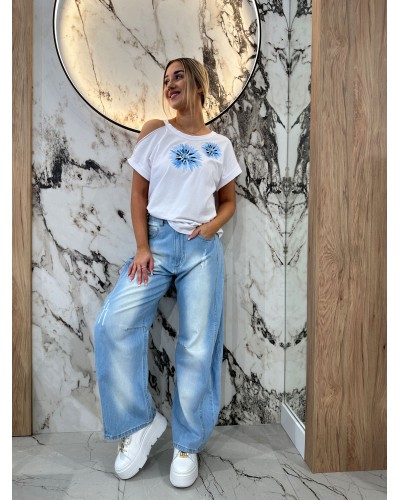 T-shirt kwiat wycięte ramię By o la la...! błękitny