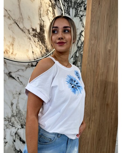T-shirt kwiat wycięte ramię By o la la...! błękitny