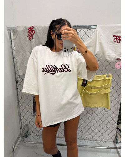 T-shirt oversize streetwear La Milla biała z czarno różowym napisem