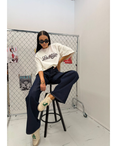 T-shirt oversize La Milla streetwear z czekoladowo błękitnym napisem