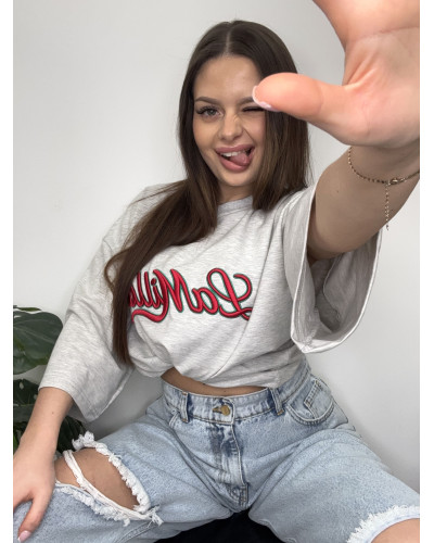 T-shirt oversize La Milla streetwear szary z czerwonym napisem