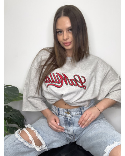 T-shirt oversize La Milla streetwear szary z czerwonym napisem