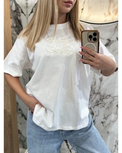 T-shirt z haftem By o la la...! śmietanowy