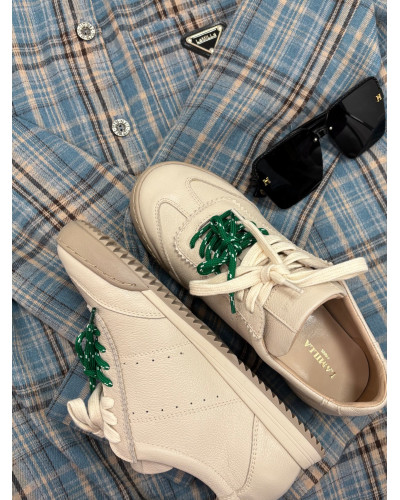 Sneakersy La Milla beżowe z zieloną sznurówką