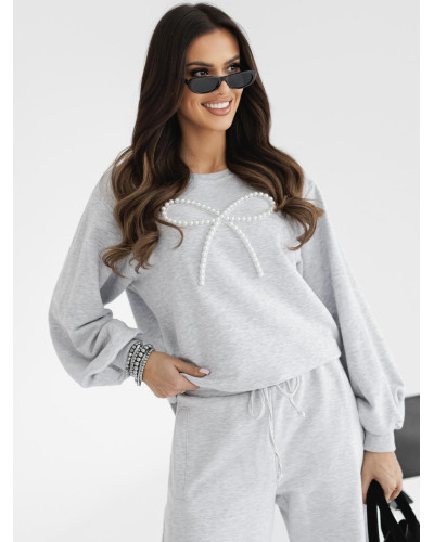 Bluza z perłową kokardką By o la la...! szary melanż