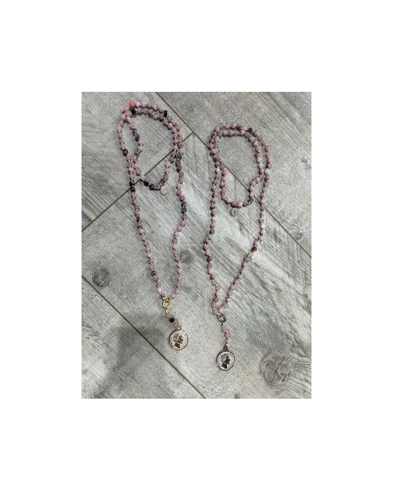 Naszyjnik różaniec z kwarcu różowego By o la la...! ze złotą monetą