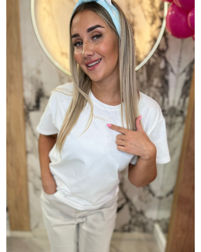 T-shirt z napisem By o la la...! biały z nude
