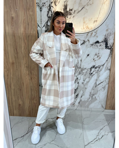 Płaszcz w kratę By o la la...! śmietankowo- beżowy