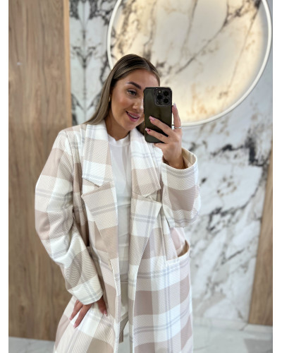 Płaszcz w kratę By o la la...! śmietankowo- beżowy