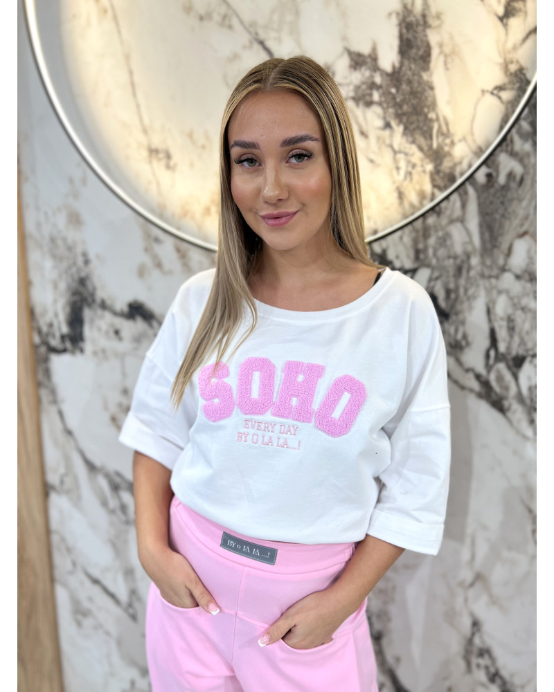 T-shirt SOHO By o la la...! biała z sugar pink