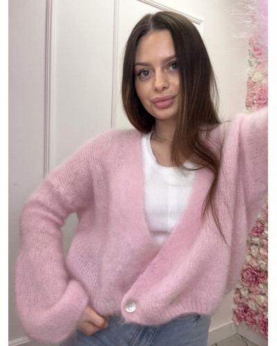 Kardigan moherowy z perłowymi guziczkami pudrowy róż