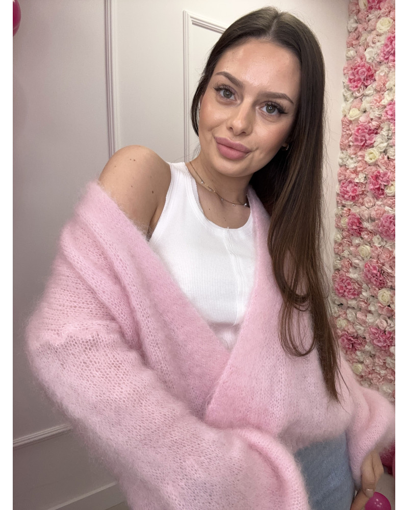 Kardigan moherowy z perłowymi guziczkami pudrowy róż