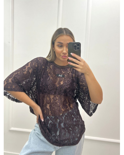 T-shirt koronkowy La Milla czekoladowy