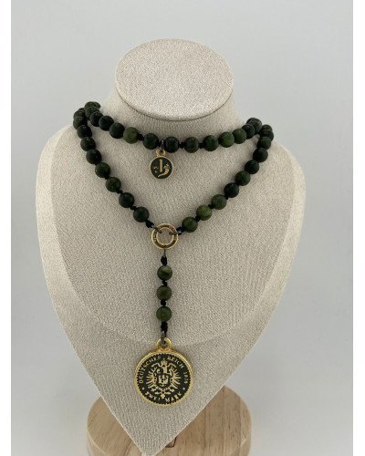 Naszyjnik różaniec z jadeitu zielonego By o la la...! ze złotą monetą