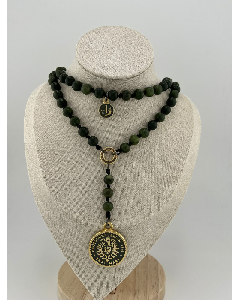Naszyjnik różaniec z jadeitu zielonego By o la la...! ze złotą monetą