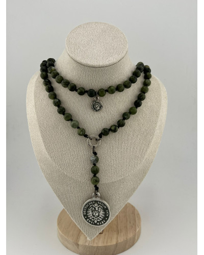 Naszyjnik różaniec z jadeitu zielonego By o la la...! ze srebrną monetą