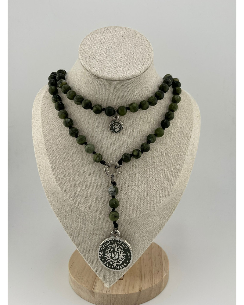 Naszyjnik różaniec z jadeitu zielonego By o la la...! ze srebrną monetą