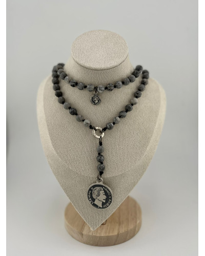 Naszyjnik różaniec z jaspisu picasso By o la la...! ze srebrną monetą