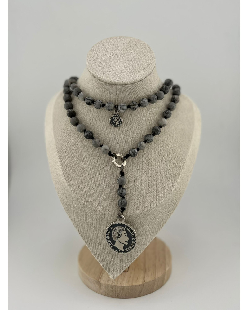 Naszyjnik różaniec z jaspisu picasso By o la la...! ze srebrną monetą