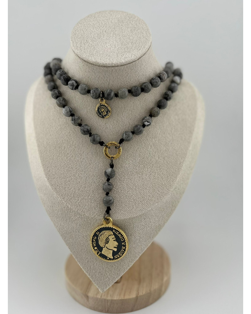 Naszyjnik różaniec z jaspisu picasso By o la la...! ze złotą monetą