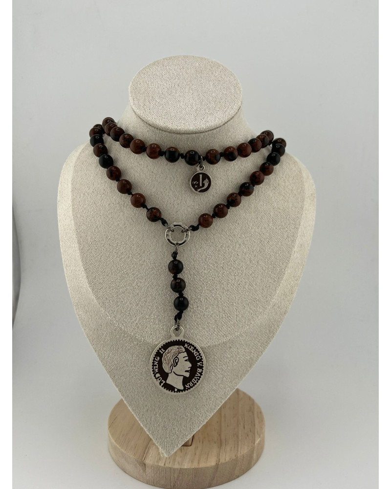 Naszyjnik różaniec z obsydianu mahoniowego By o la la...! ze srebrną monetą