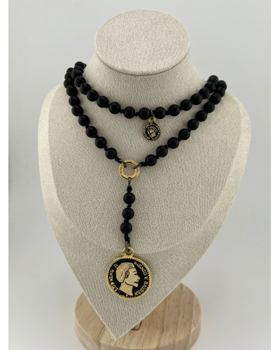 Naszyjnik różaniec z kamienia wulkanicznego By o la la...! ze złotą monetą