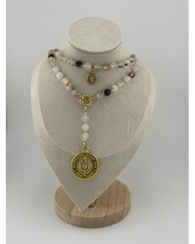 Naszyjnik różaniec z agatu beżowego By o la la...! ze złotą monetą