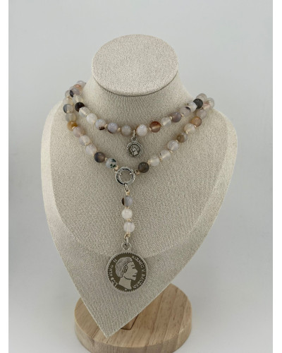 Naszyjnik różaniec z agatu beżowego By o la la...! ze srebrną monetą