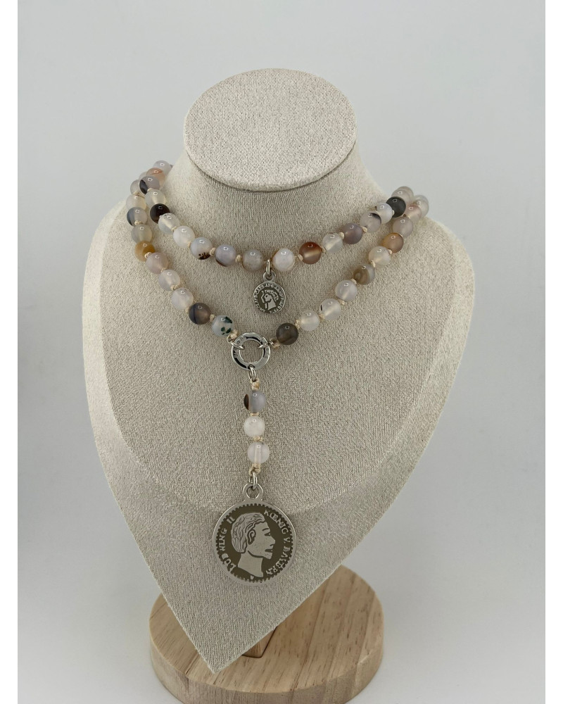 Naszyjnik różaniec z agatu beżowego By o la la...! ze srebrną monetą