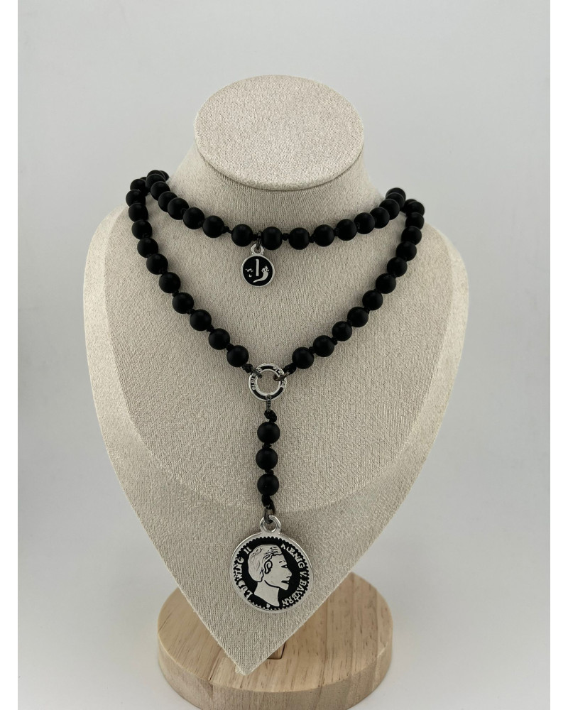 Naszyjnik różaniec z kamienia wulkanicznego By o la la...! ze srebrną monetą